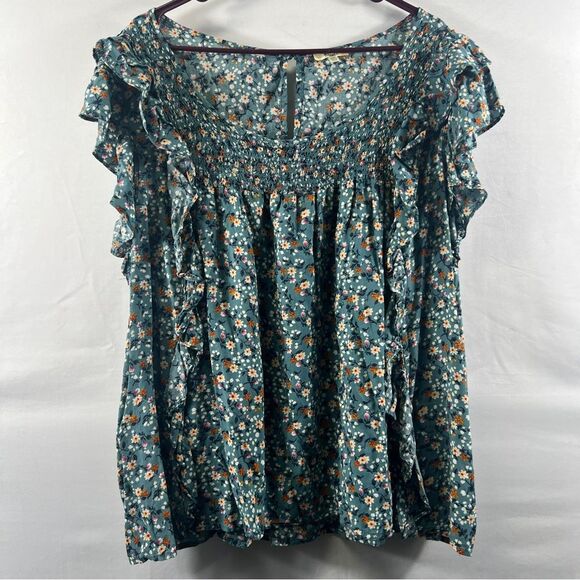 Kori Teal Floral Ruffle Babydoll Blouse 0721 - Picture 1 of 14